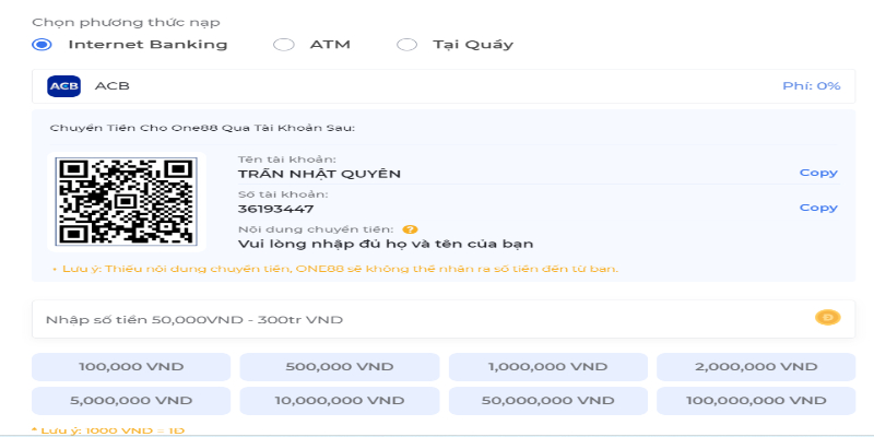 Tổng hợp quy định nạp tiền ONE88