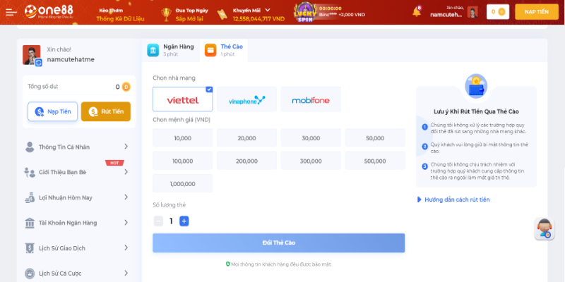 Rút Tiền One88 Thông Qua Tài Khoản Ngân Hàng